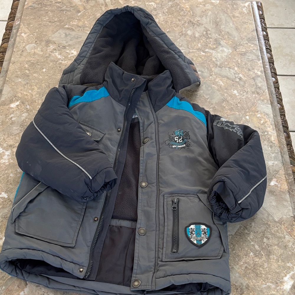 Children's Gray and Blue Hooded Puffer Jacket